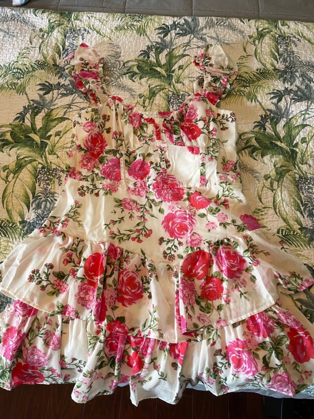 Crystal Doll Cream Mini Dress with Pink & Red Floral Print